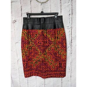 Akris Punto Geometric Pattern Knit Midi‎ Pencil Skirt w Leather Waist Sz 8